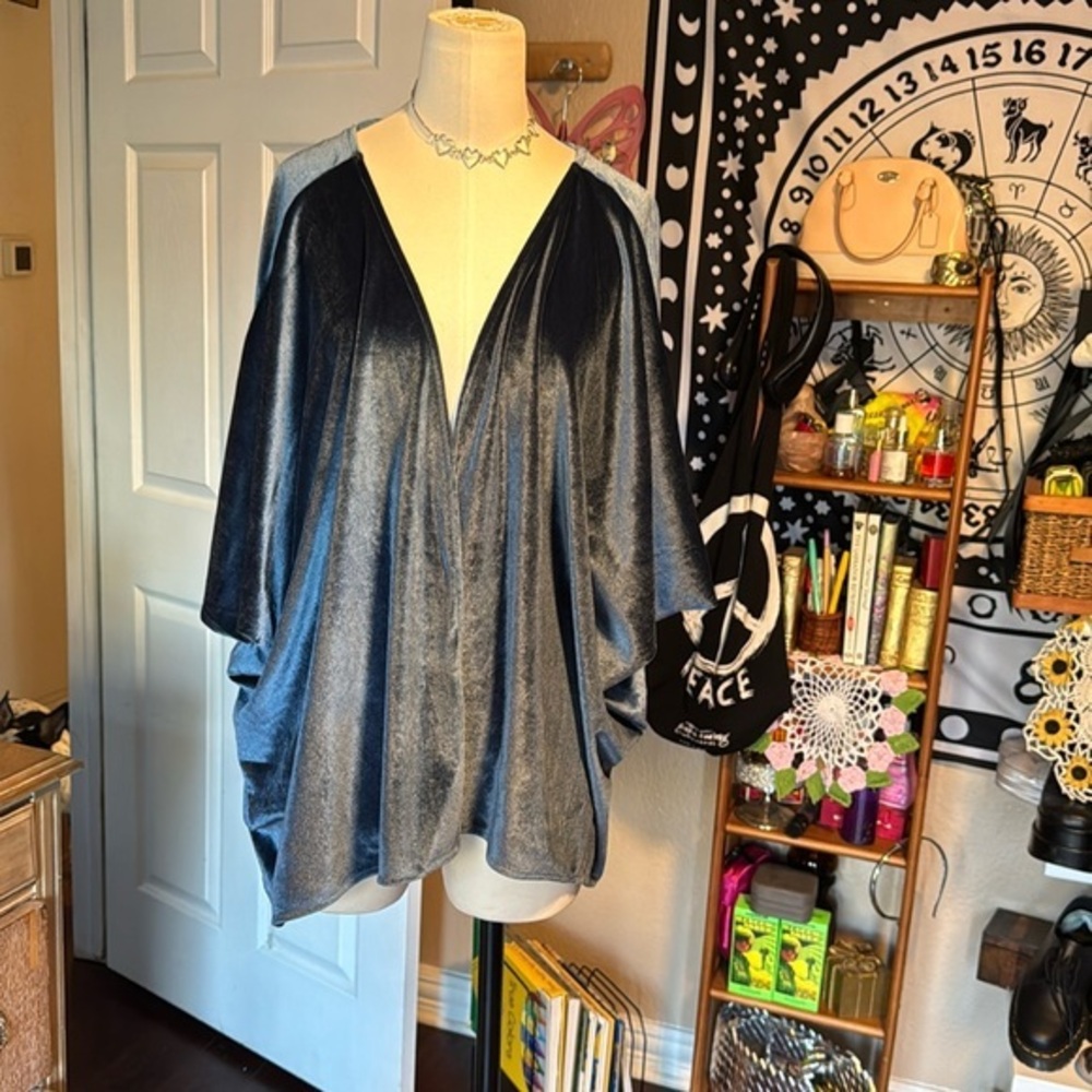 Angie velvet wrap in gray blue criss cross detail at back size small drapes boho